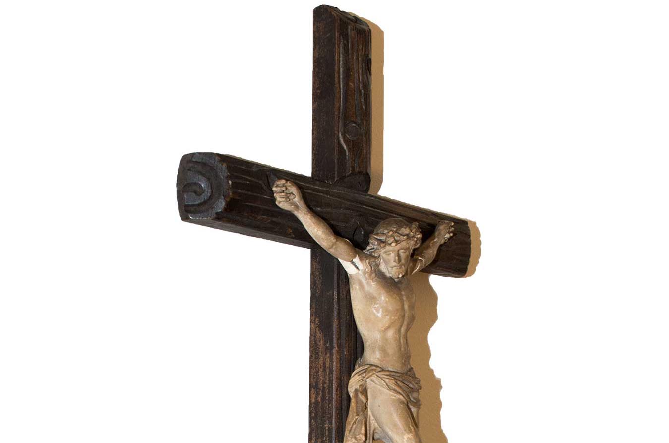 Stary Drewniany Krucyfiks - Rzeźbiony krucyfiks z ceramiczną figurką Chrystusa