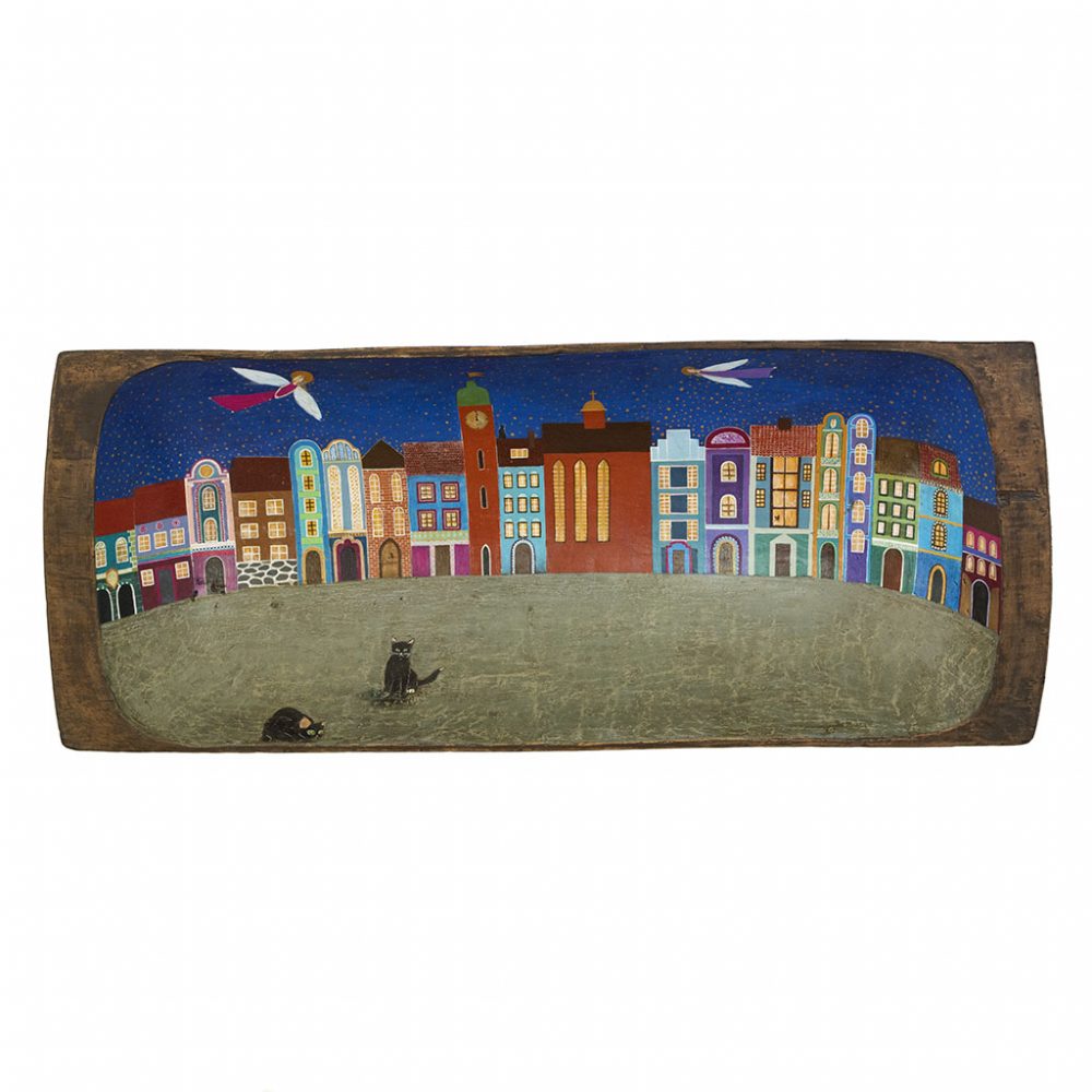 Obraz Malowany na Drewnie, na starej drewnianej niecce. Kolorowe, baśniowe miasteczko z aniołami i kotami