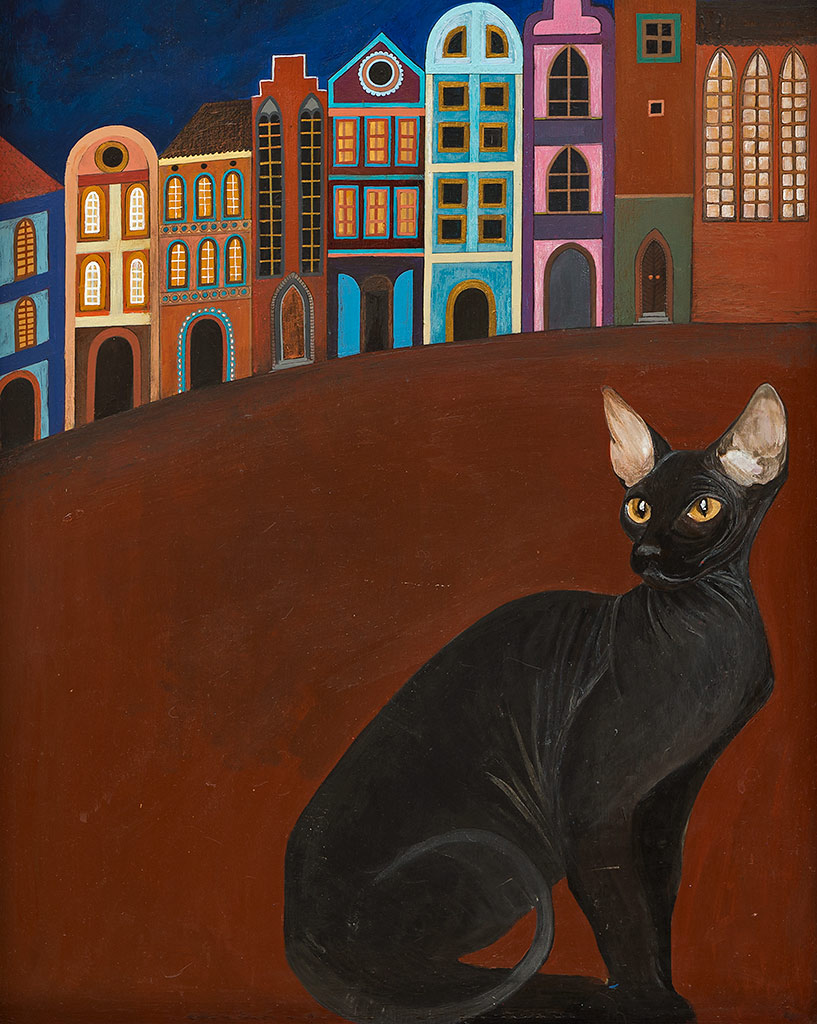 Czarny kot w miasteczku malowany na drewnie