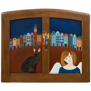 Ręcznie malowany na fragmencie starego łóżka obraz "Anioł w Oknie z Kotem"