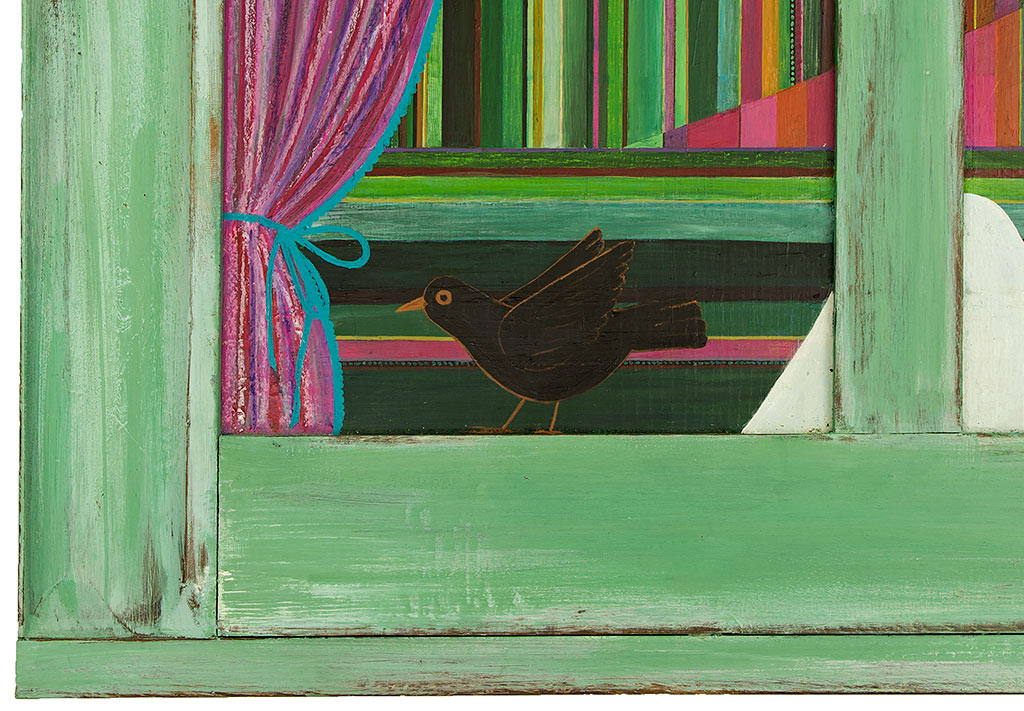 Fragment obrazu ukazujący czarnego ptaka w oknie