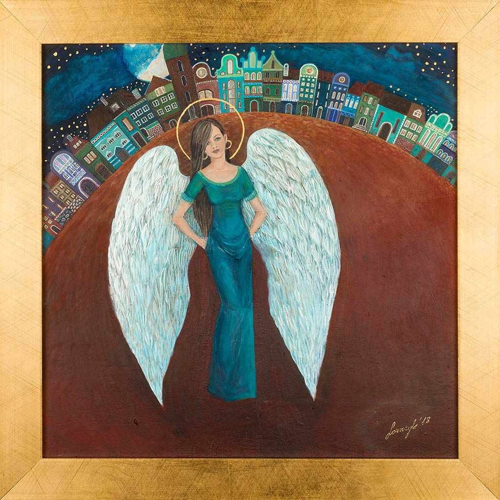 Anioł Stróż Nocny - Kobieta anioł na rynku baśniowego miasteczka
