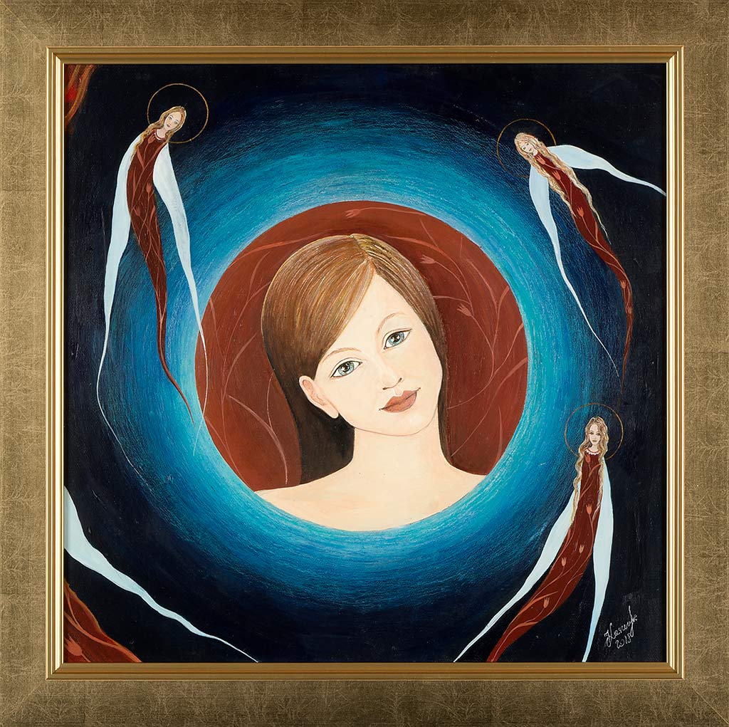 Nocne Anioły Obraz na Płótnie - twarz dziewczyny otoczona wianuszkiem aniołów