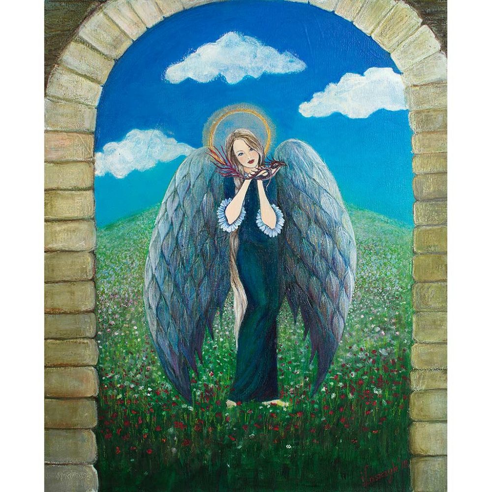 Anioł ze Smokiem - Pierwszy raz namalowałam Anioła ze smokiem. Z tym, że mój Anioł nie walczy, a raczej oswaja małego smoczka