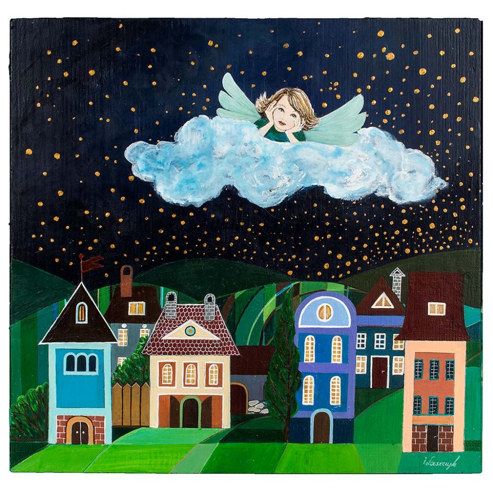 Obraz malowany dla dziecka - Aniołek na Chmurce