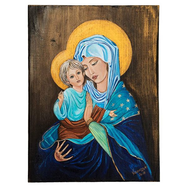 Madonna Ręcznie Malowana na Drewnie