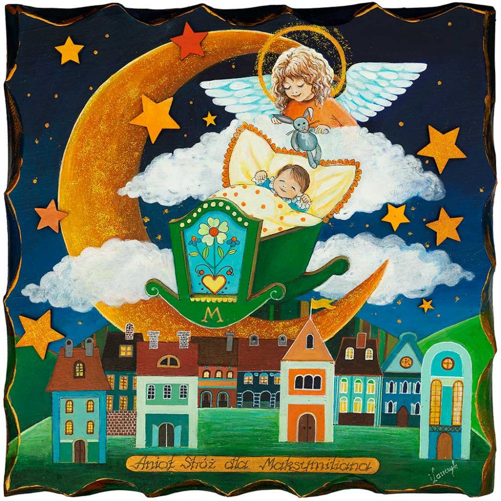 Anioł Stróż Malowany dla Maksymiliana - Prezent na Narodziny Dziecka