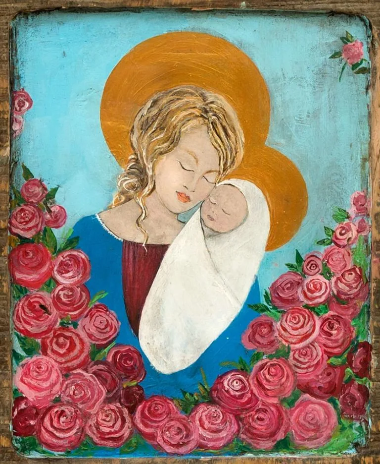 Madonna z Dzieciątkiem Obraz Malowany na Drewnie - Stylizacja na stare malarstwo