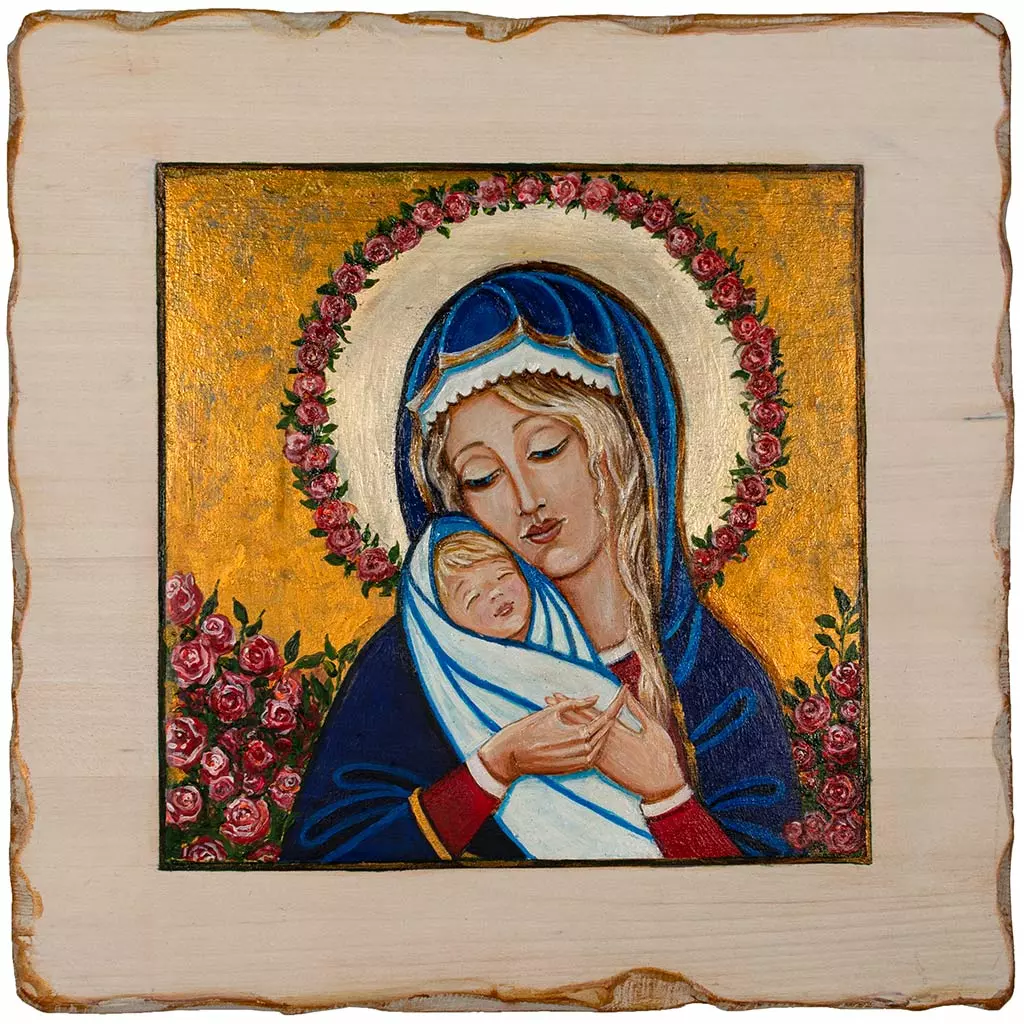 Oryginalny Prezent na Chrzest - Matka Boska z Dzieciątkiem malowana na drewnie